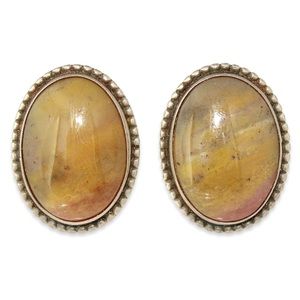 Vintage Petrified Wood Sterling Silver Clip On Earrings Oval Green Pink Fossil